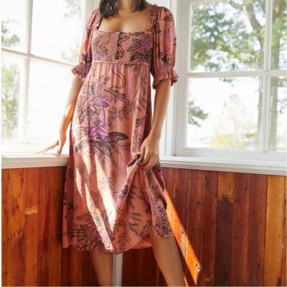 Anthropologie Smocked Puff Sleeve Midi Dress XS Summer Boho Festival